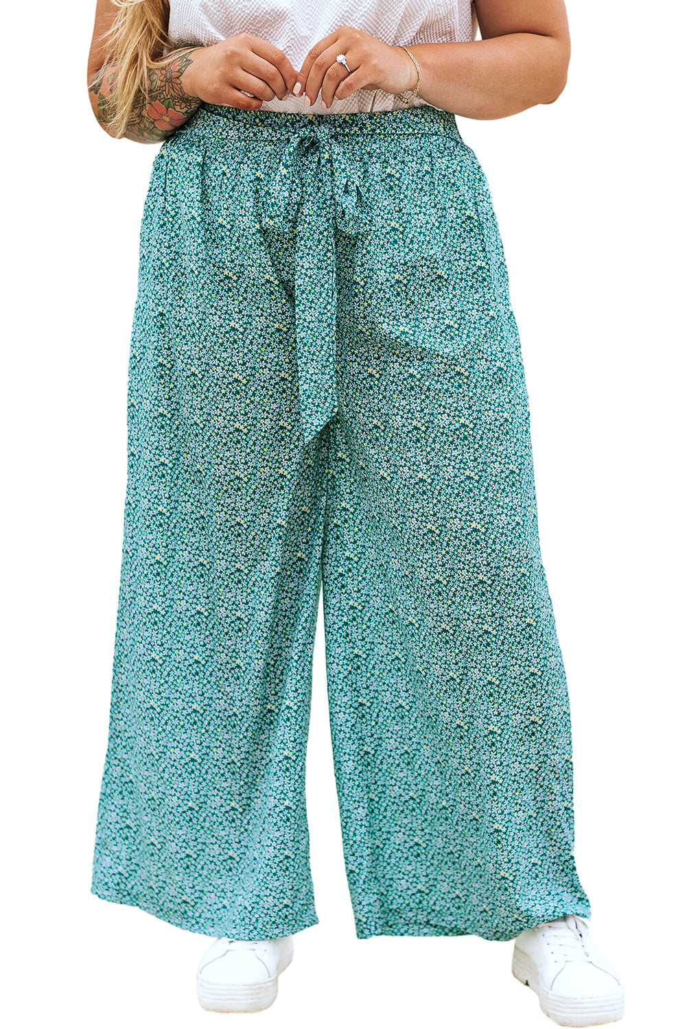 Green Plus Size Floral Tied Waist Wide Leg Pants