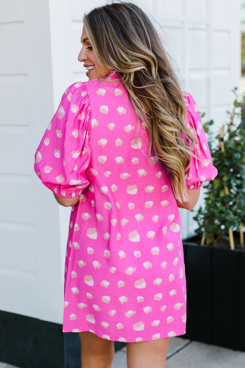 Printed Shirred Yoke Half Puff Sleeve Dress