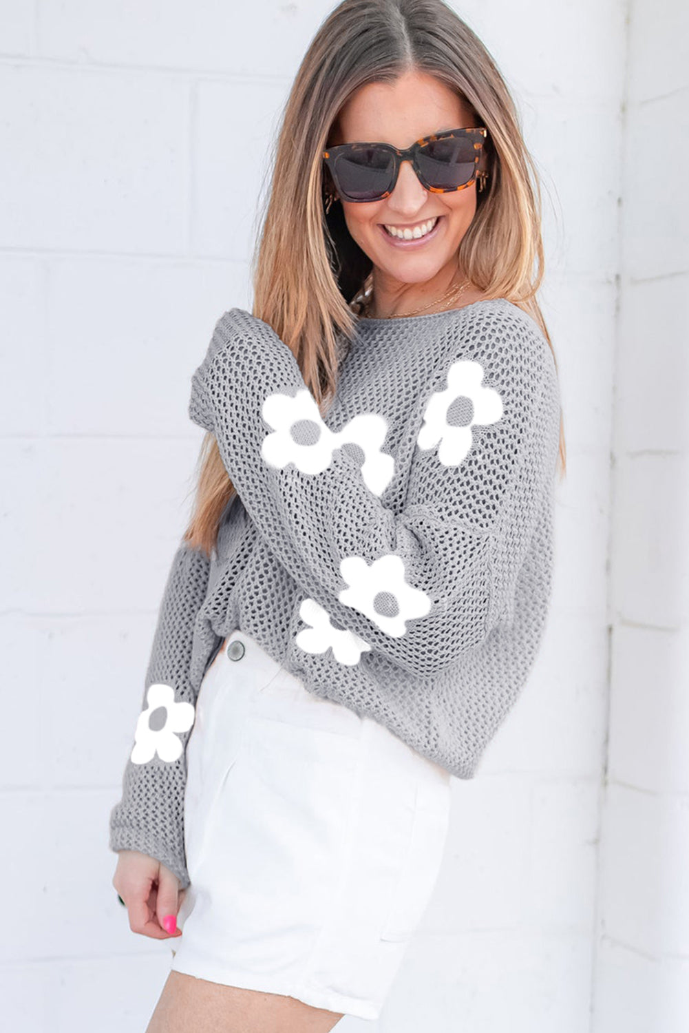 Flower Hollowed Knit Drop Shoulder Sweater