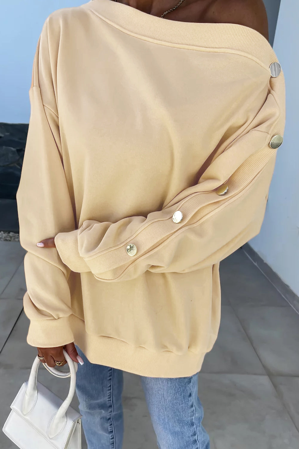 Beige Buttoned Sleeve Drop Shoulder Sweatshirt