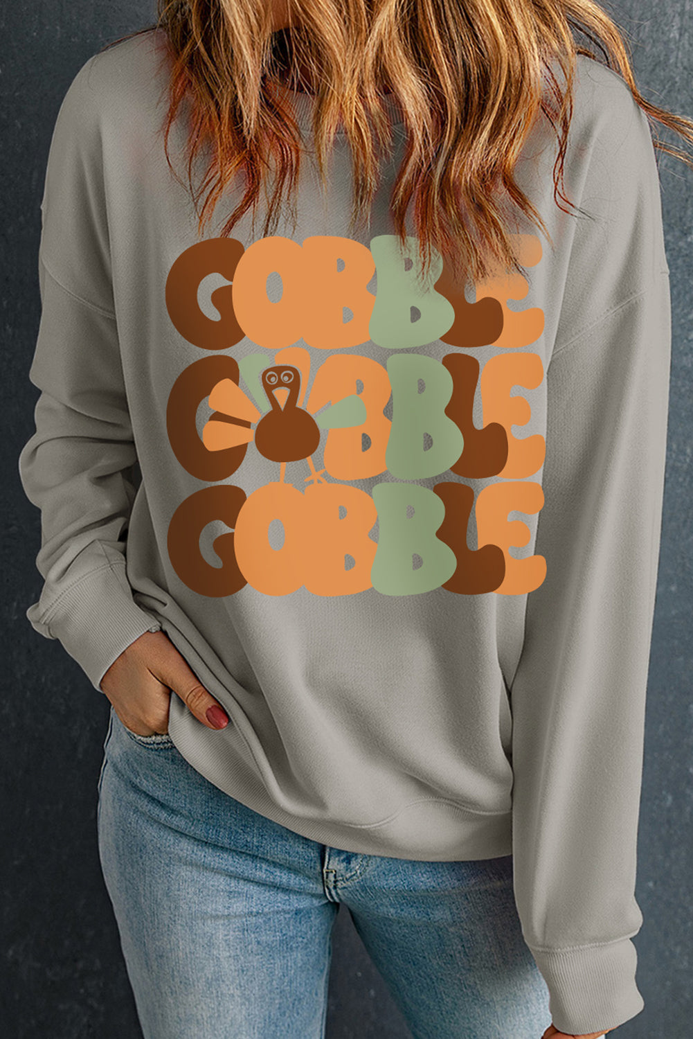 GOBBLE Turkey Graphic Drop Shoulder Pullover Sweatshirt