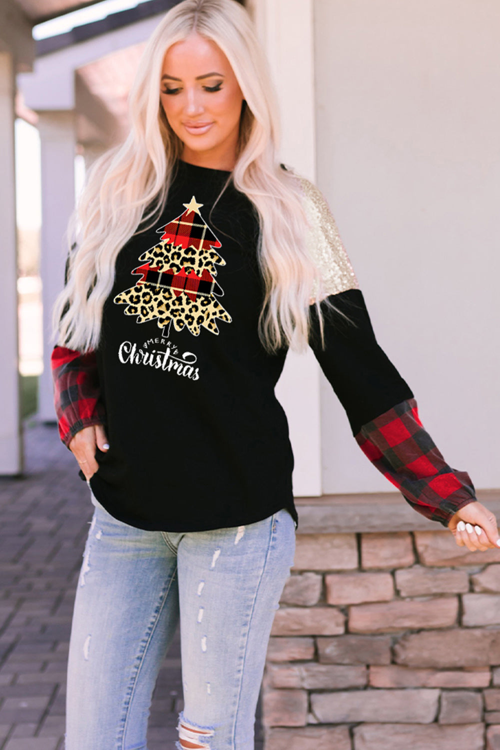 Christmas Tree Plaid Print Sequin Patch T Shirt