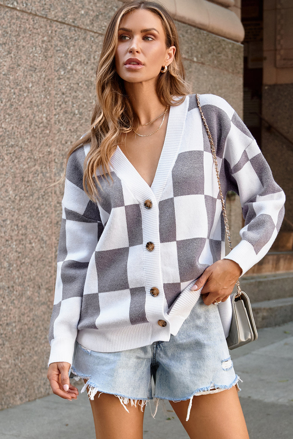 Checkered Print Button Up Sweater Cardigan