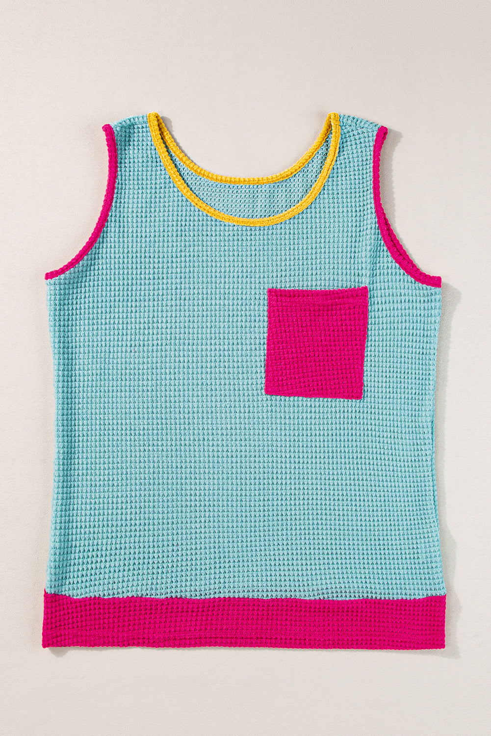 Light Blue Color Block Patched Pocket Breathable Knit Tank Top