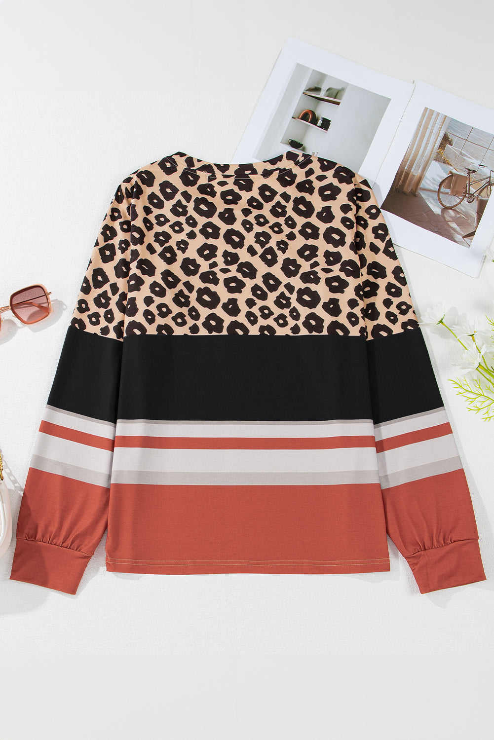 Leopard Color Block Crewneck Long Sleeve Top