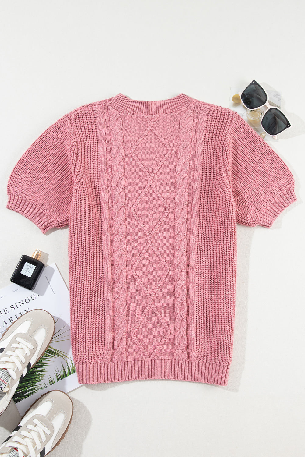 Pink Cable Knit Mixed Textured Short Sleeve Sweater