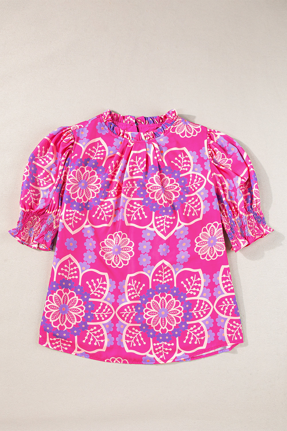 Floral Print Frilled Neck Smocked Puff Sleeve Blouse