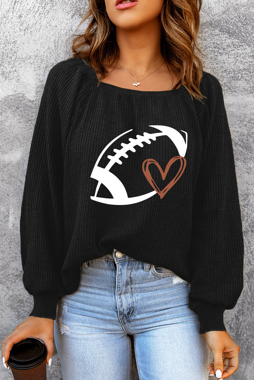 Black Football Print Square Neck Puff Sleeve Waffle Top