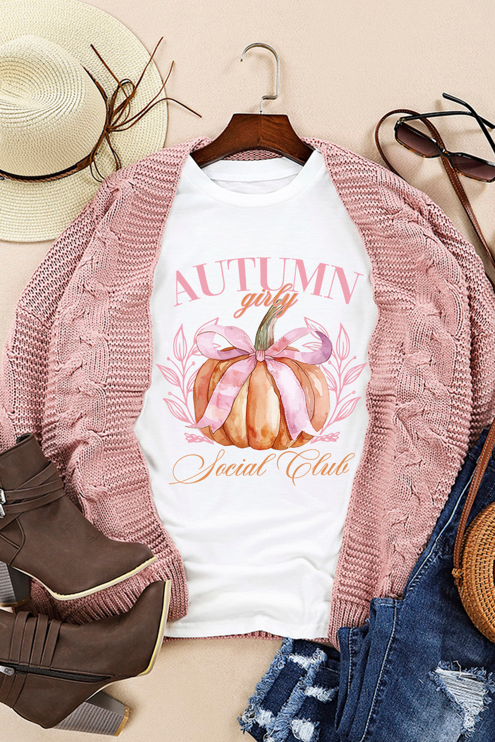 Autumn Girly Thanksgiving Bowknot Pumpkin Graphic T Shirt