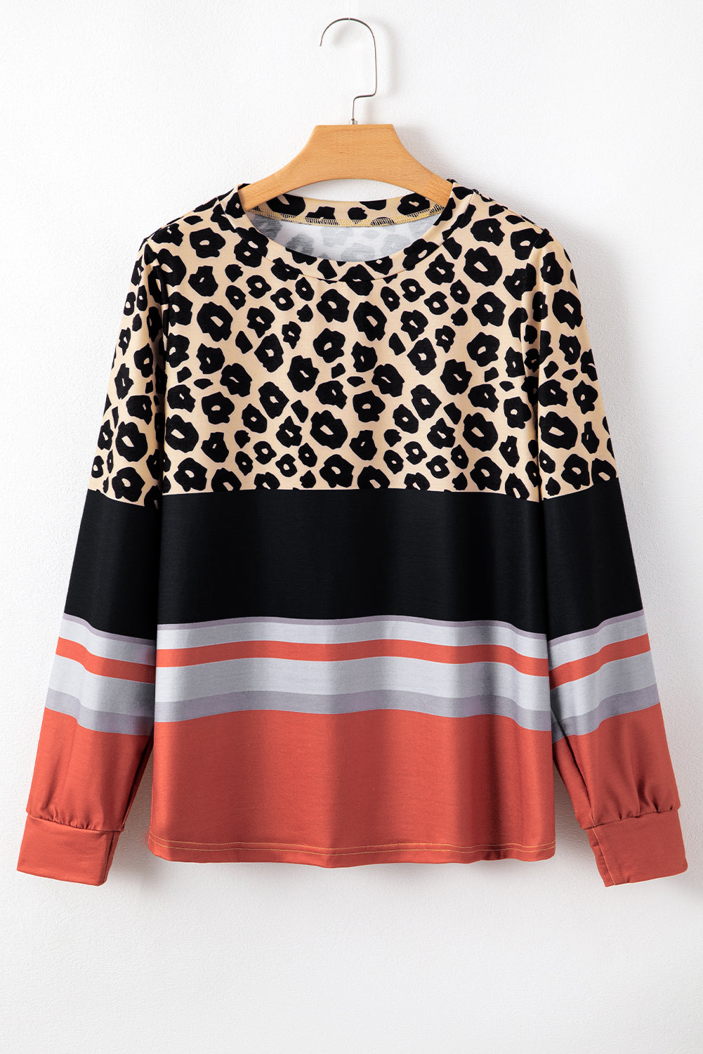 Leopard Color Block Crewneck Long Sleeve Top