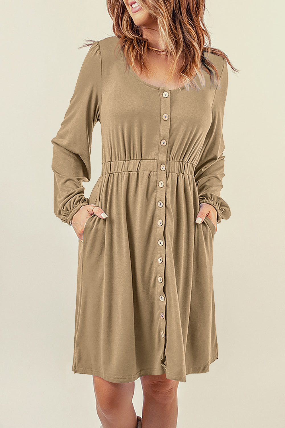 Green Button Up High Waist Long Sleeve Dress