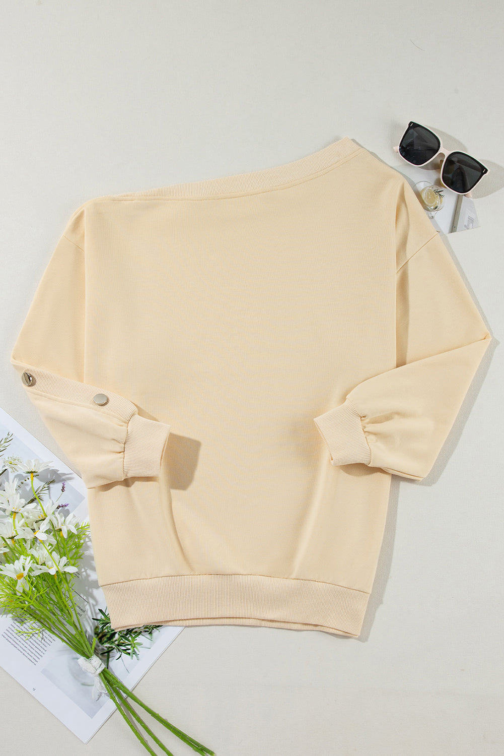 Beige Buttoned Sleeve Drop Shoulder Sweatshirt