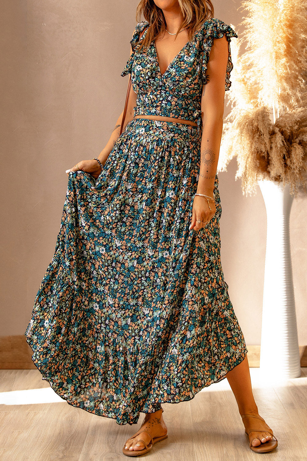 White Floral Ruffled Crop Top and Maxi Skirt Set