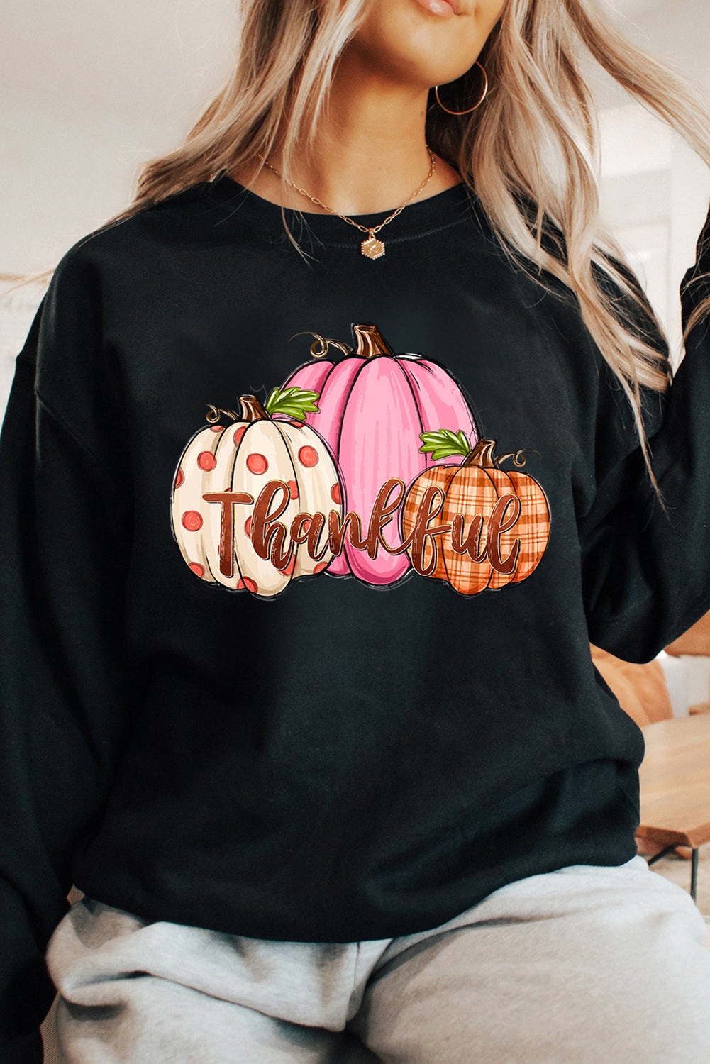 Pumpkin Thankful Drop Shoulder Thanksgiving Pullover Sweatshirt