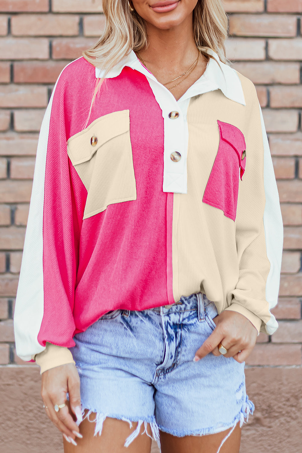 Beautiful Colorblock Ribbed Collared Oversized Sweatshirt