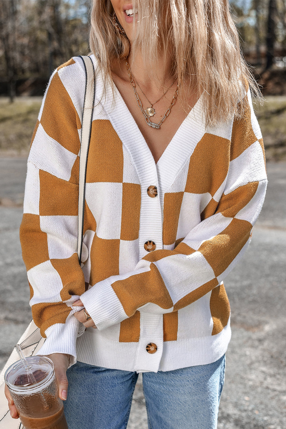 Checkered Print Button Up Sweater Cardigan