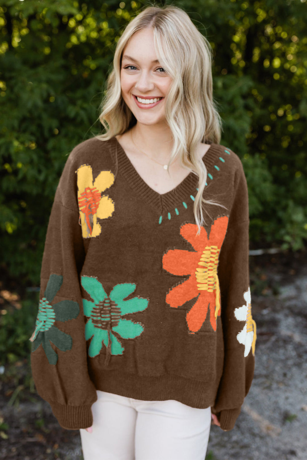 Flower Pattern V Neck Drop Shoulder Sweater