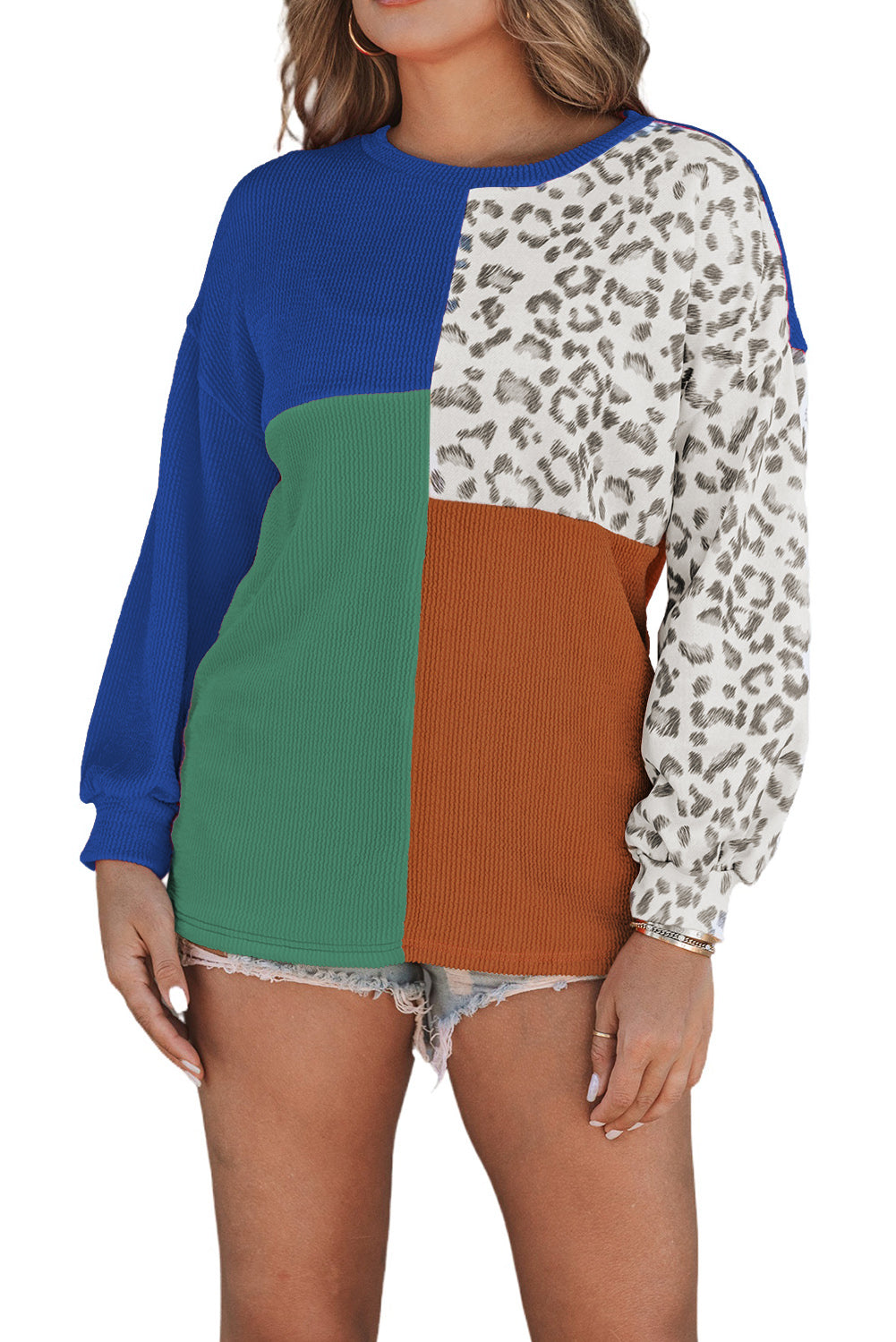 Leopard Patchwork Color Block Ribbed Long Sleeve Top