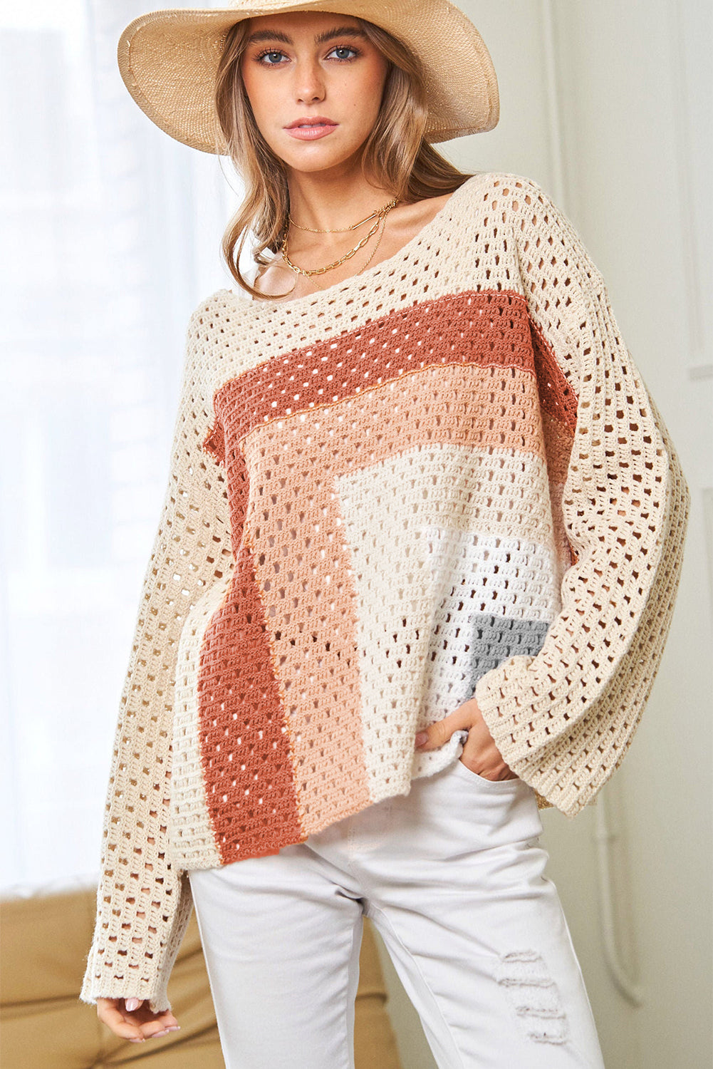 Pointelle Knit Colorblock Baggy Sweater