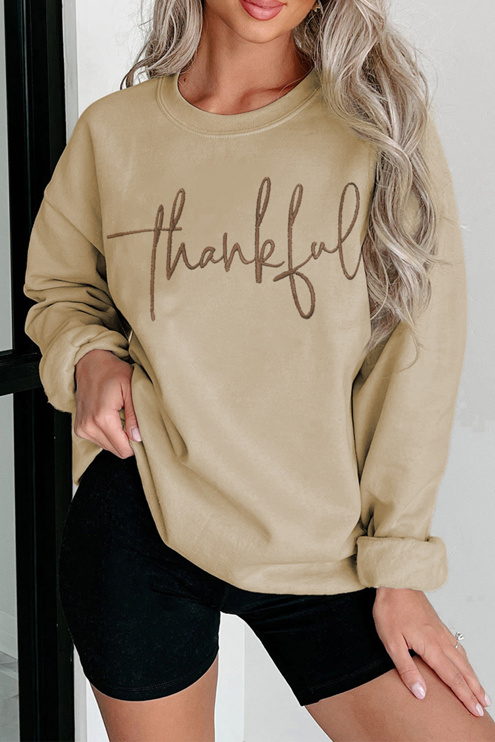 Parchment Thankful Embroidered Drop Shoulder Pullover Sweatshirt