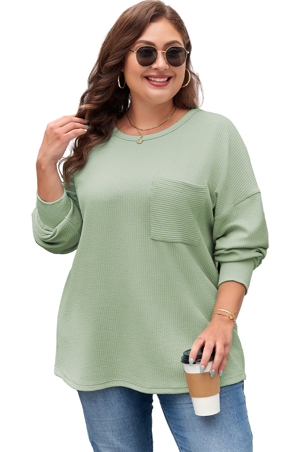 Plus Size Corded Knit Pocketed Crew Neck Top