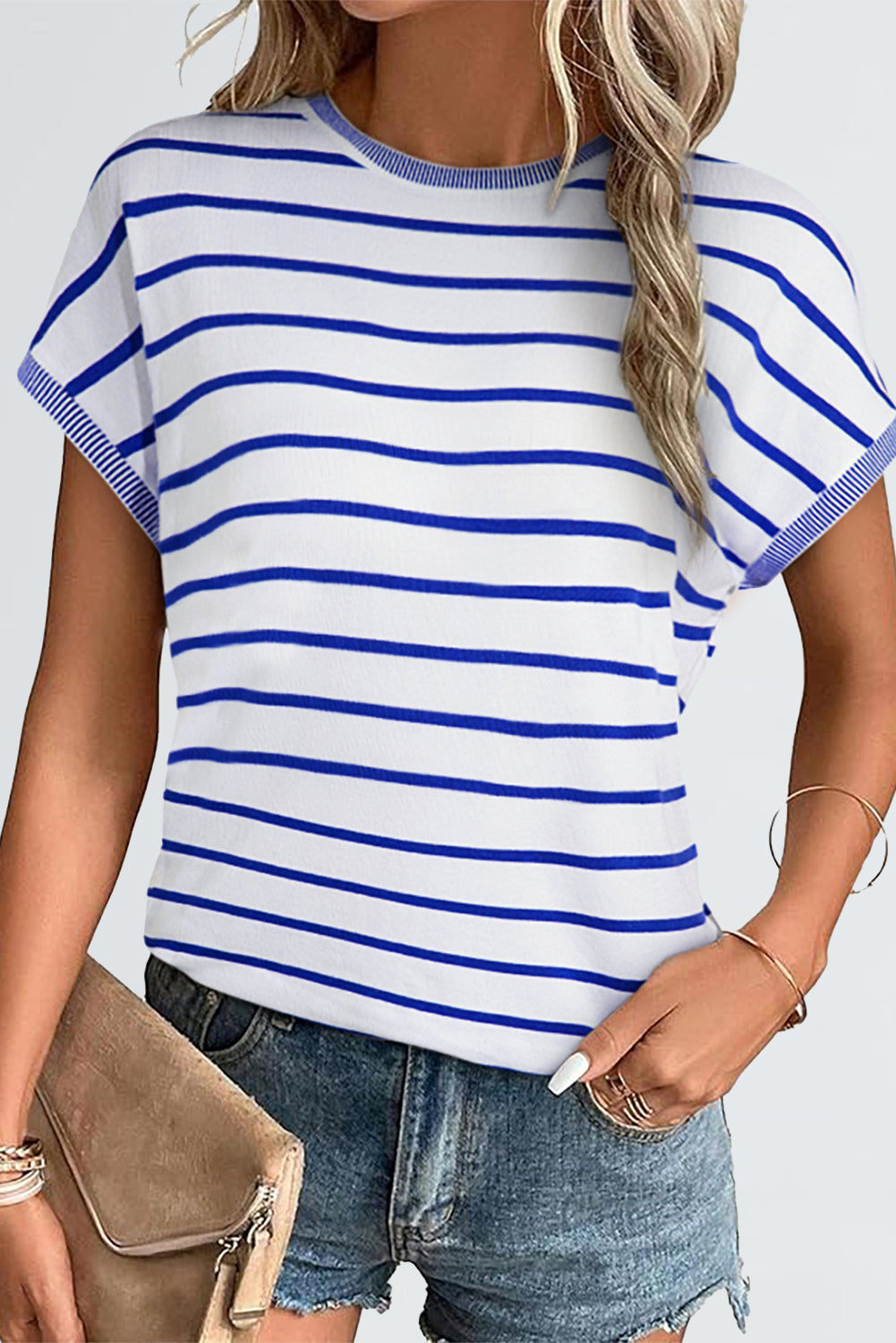 Striped Knitted Bat Sleeve T Shirt