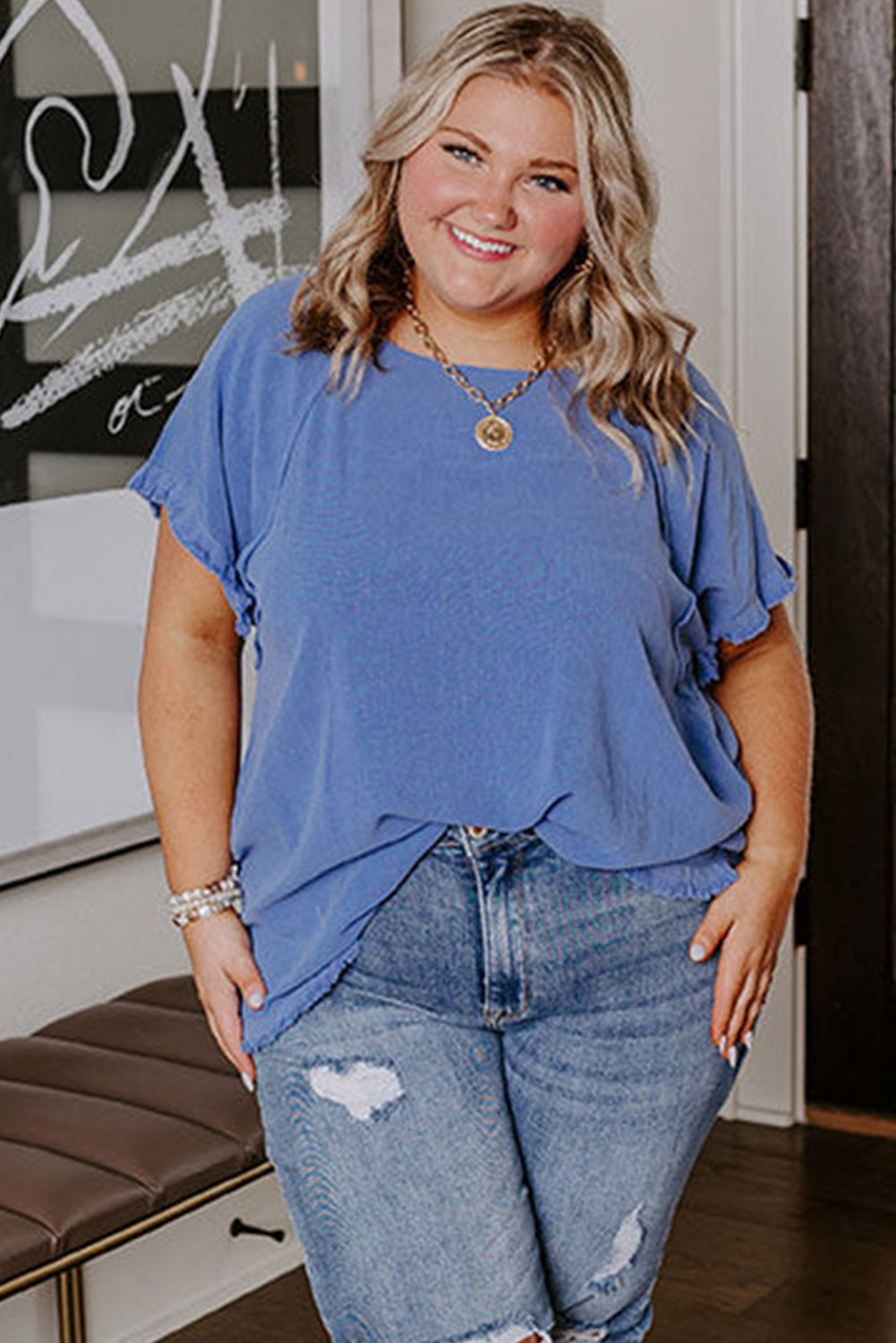 Plus Size Solid Color Short Sleeve Frayed Edge Top