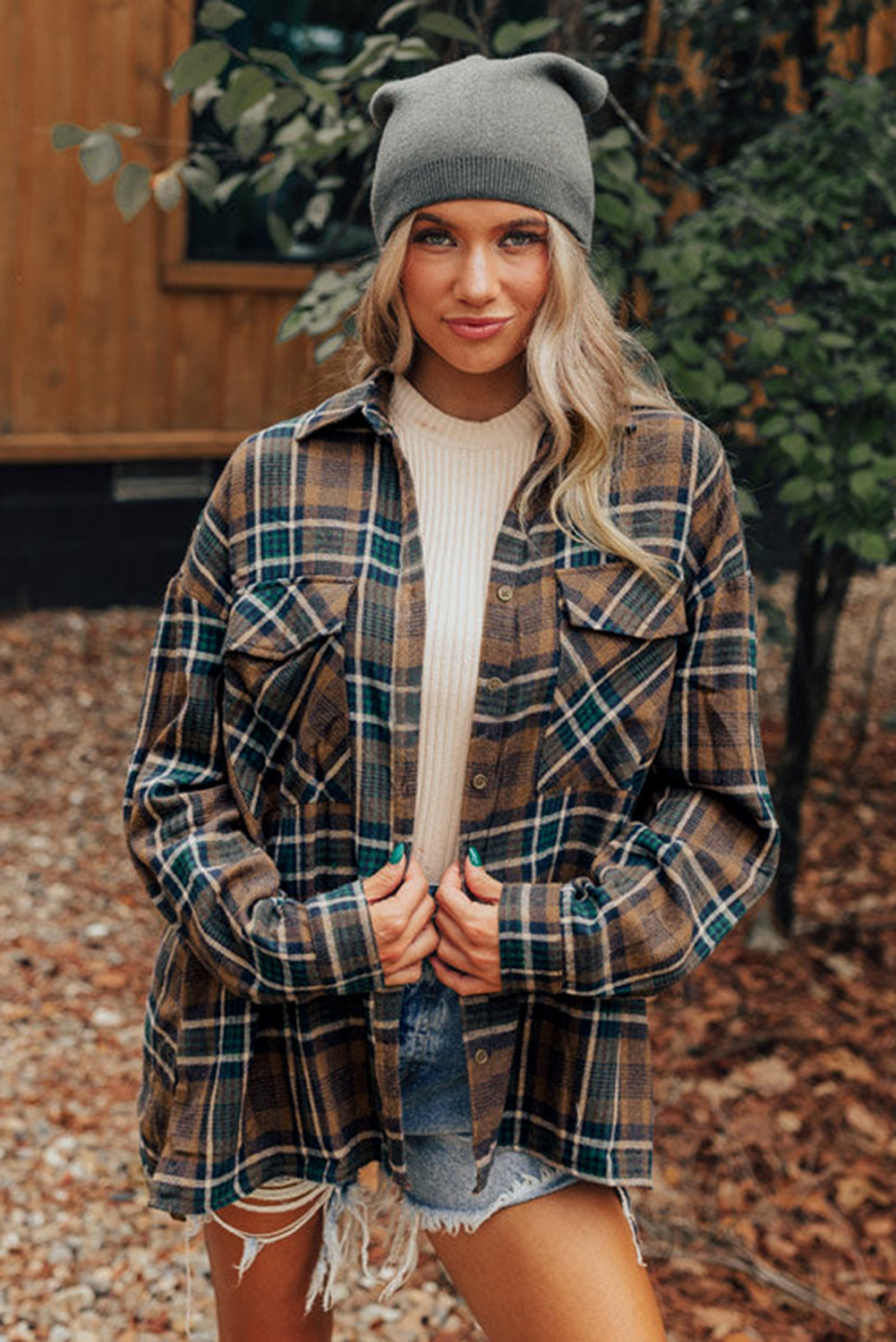 Plaid Print Chest Pockets Buttoned Shirt Jacket