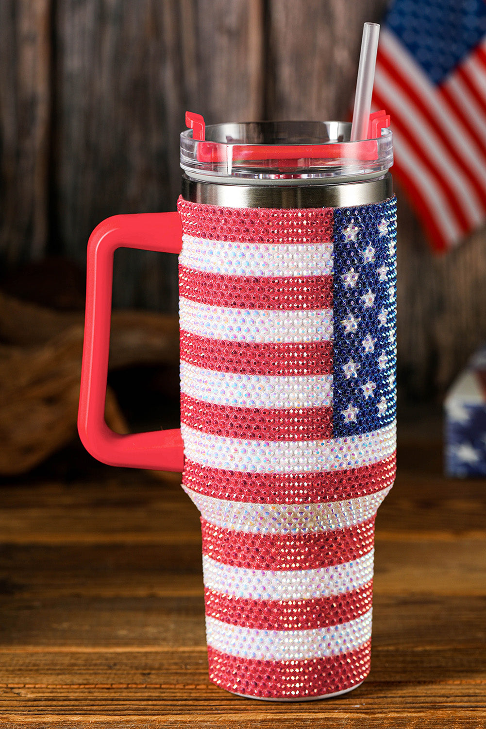 Rhinestone American Flag Print Handled 40oz Thermos Tumbler