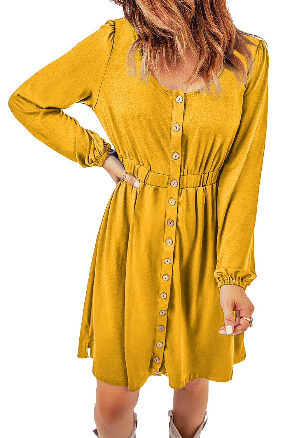 Green Button Up High Waist Long Sleeve Dress