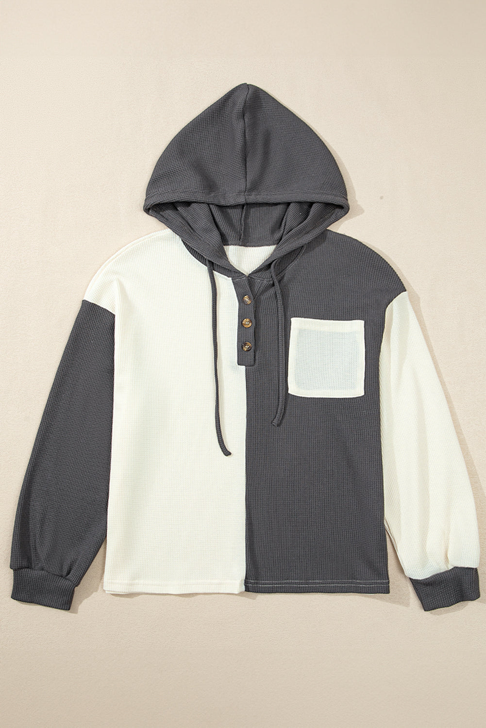 Waffle Colorblock Buttons Placket Drop Shoulder Drawstring Hoodie