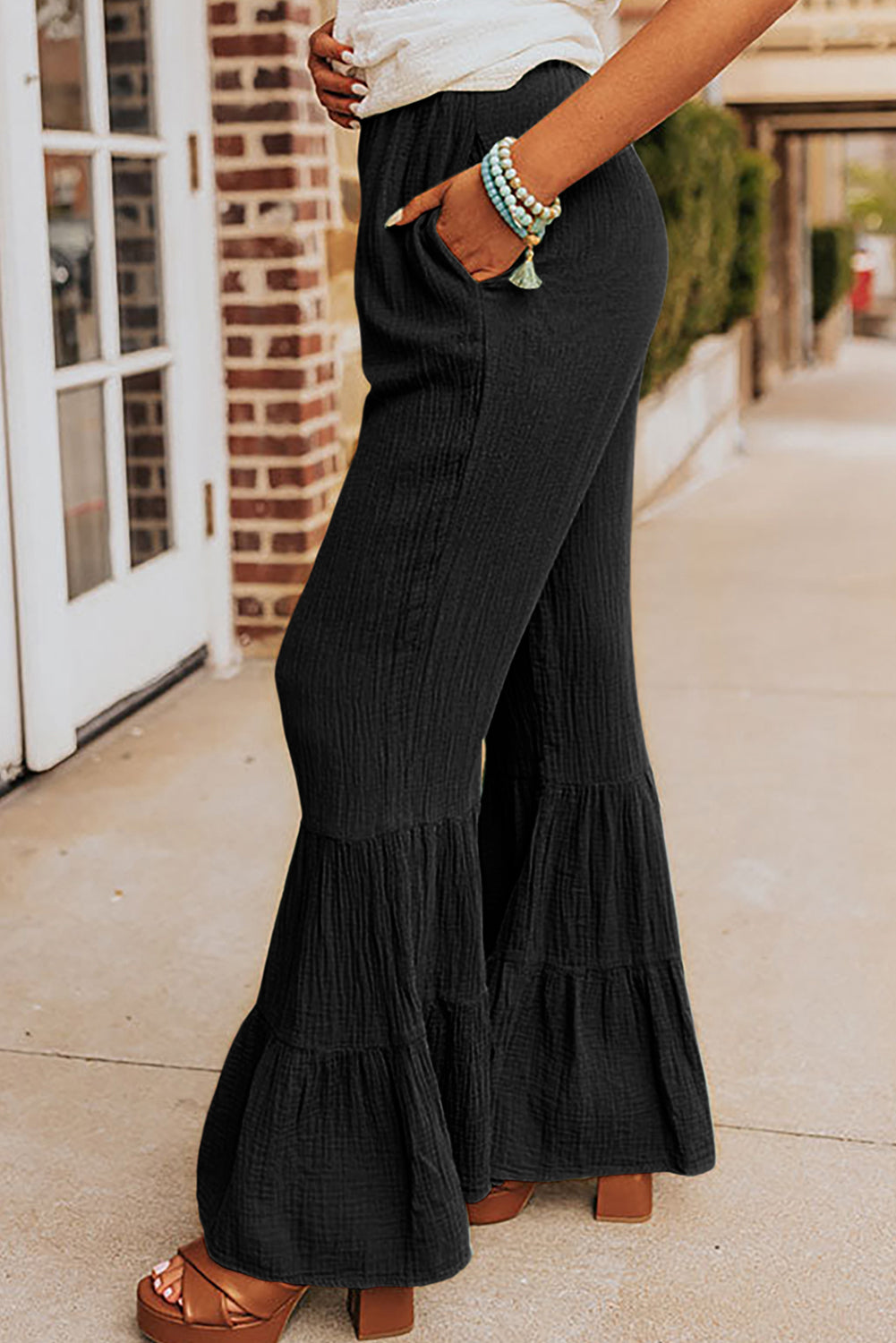 Black Textured High Waist Ruffled Bell Bottom Pants