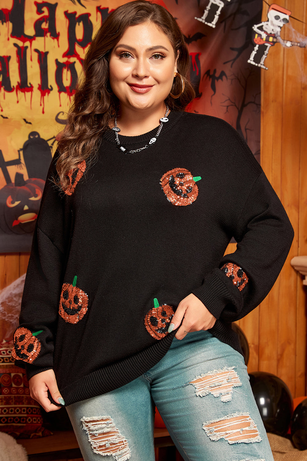 Plus Size Halloween Sequined Pumpkin Pattern Sweater