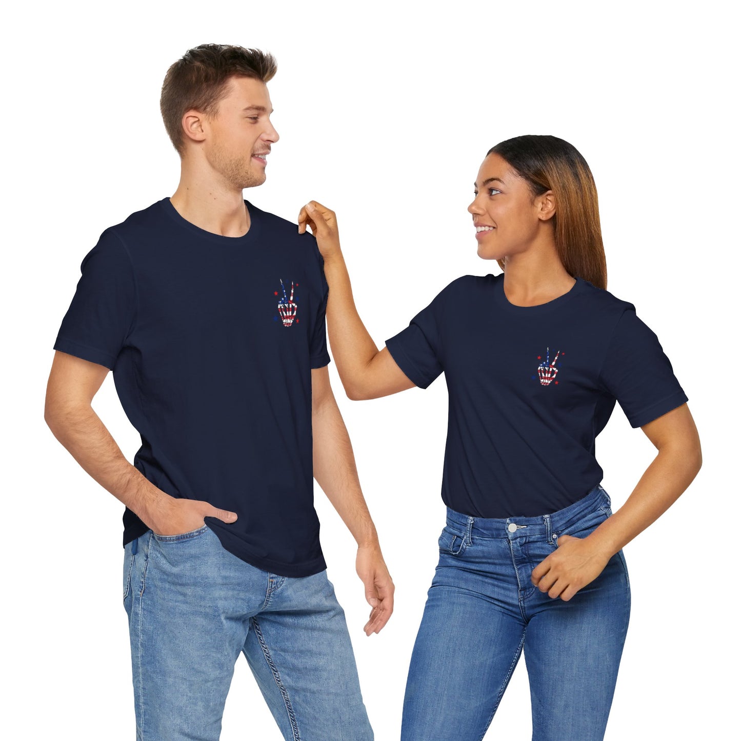 Patriotic Skeleton Peace Hand (Front & Back) Unisex Jersey Short Sleeve Tee