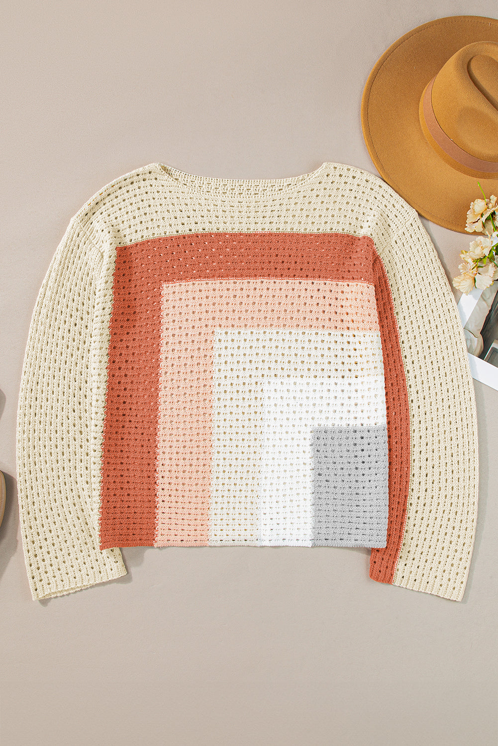 Pointelle Knit Colorblock Baggy Sweater