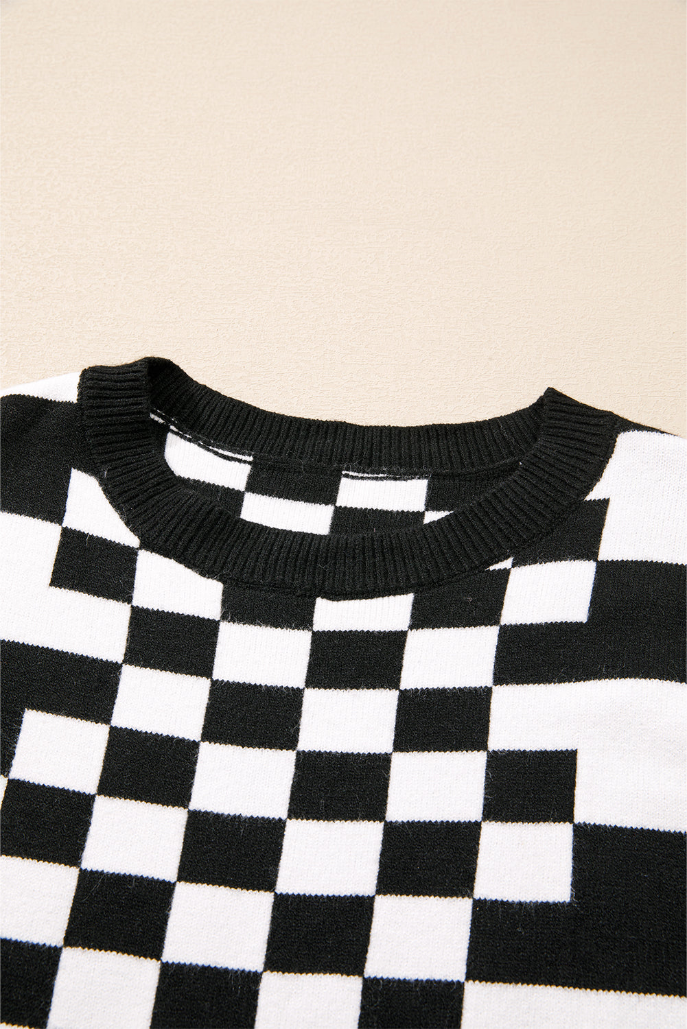 Checkered Print Drop Shoulder Round Neck Sweater