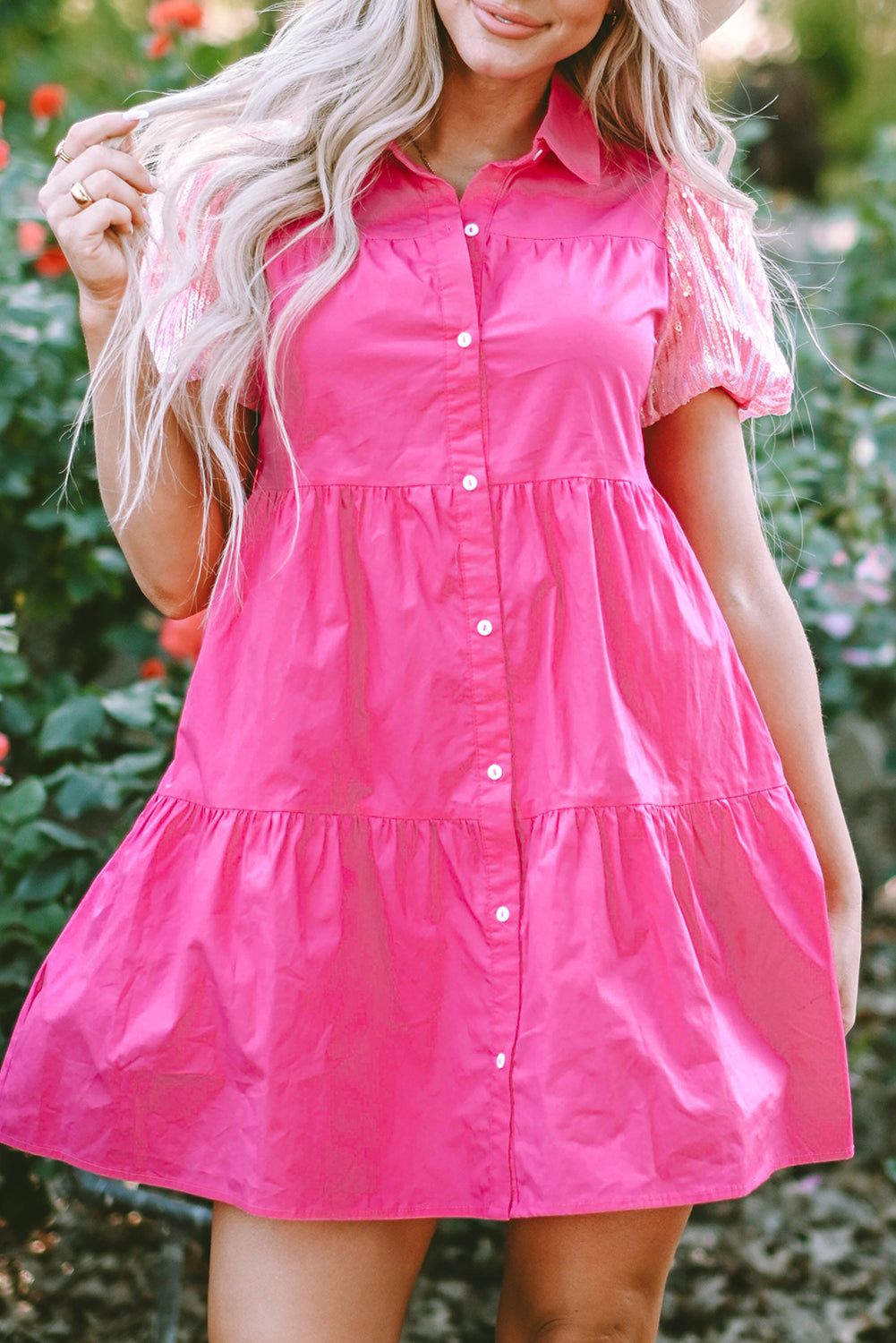 Bonbon Sequined Bubble Sleeve Tiered Ruffled Shirt Dress