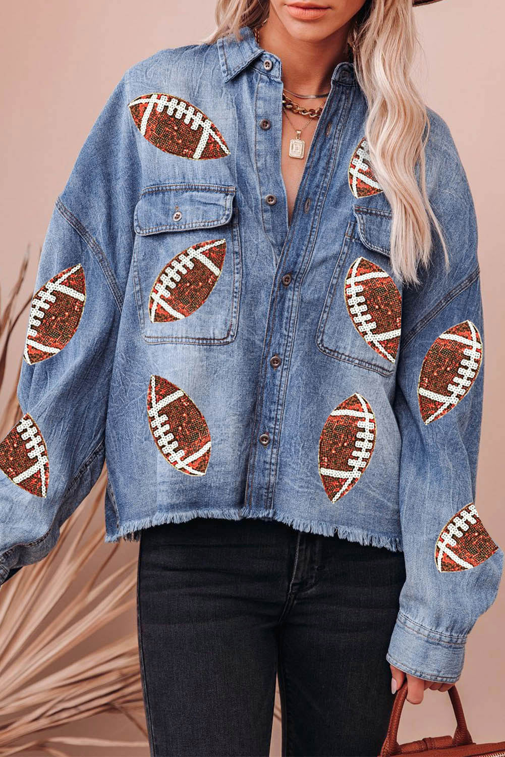 Sky Blue Football Sequin Patchwork Flap Pockets Raw Hem Denim Jacket