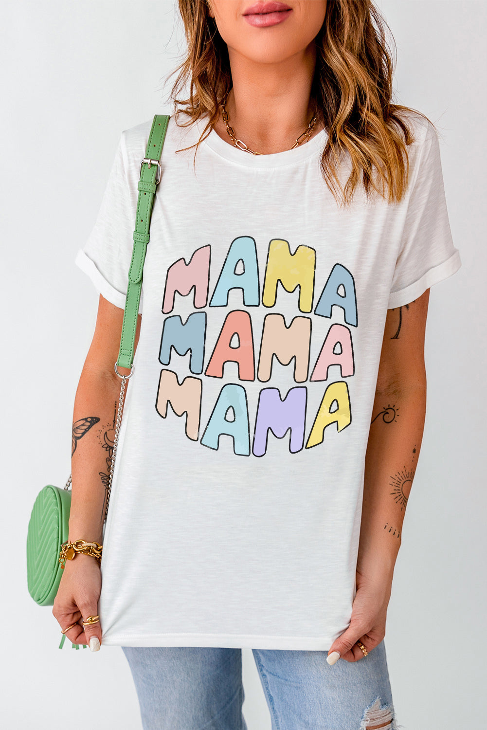 White MAMA Slogan Print Crew Neck Casual T Shirt