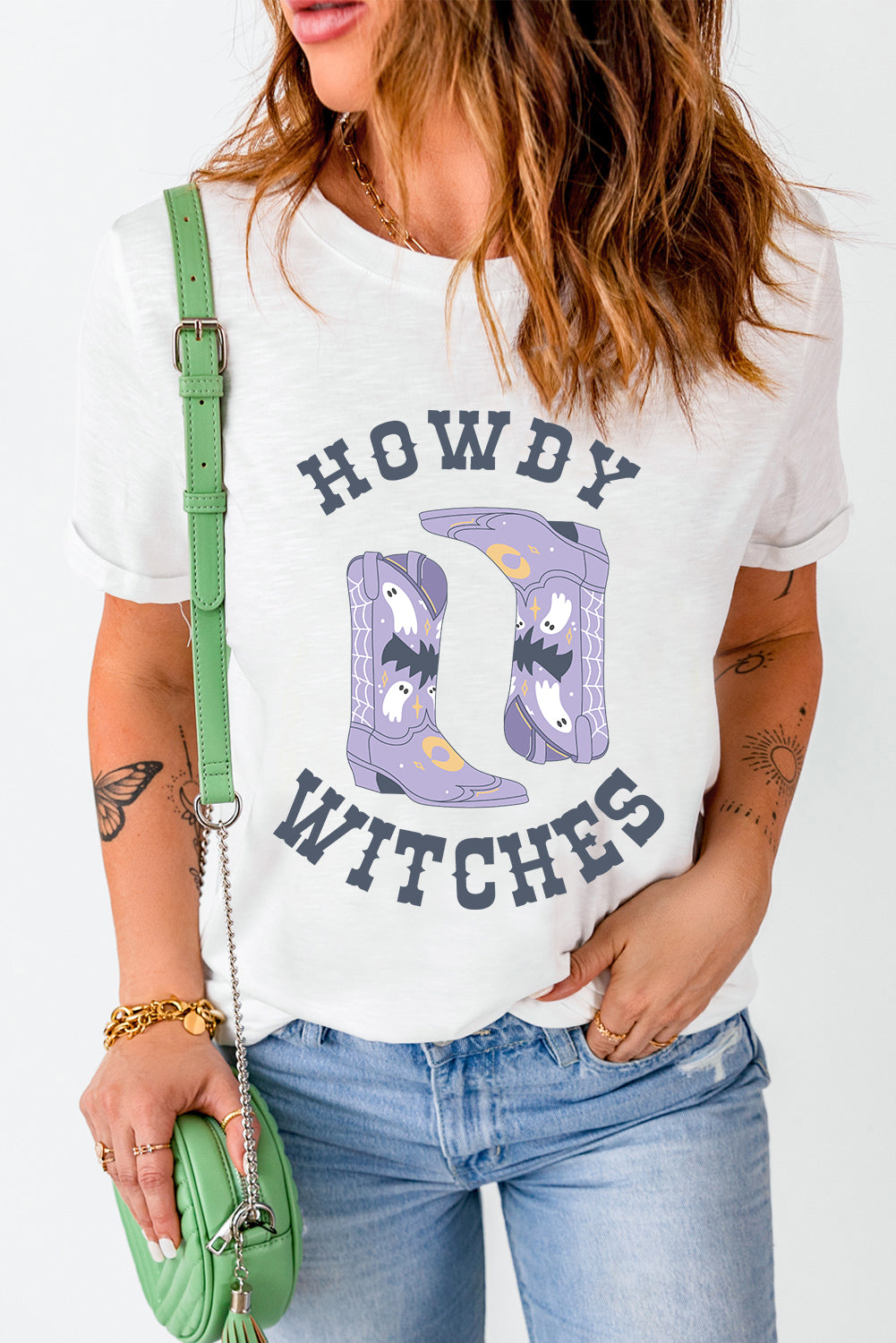 White HOWDY WITCHES Halloween Boots Crewneck T Shirt