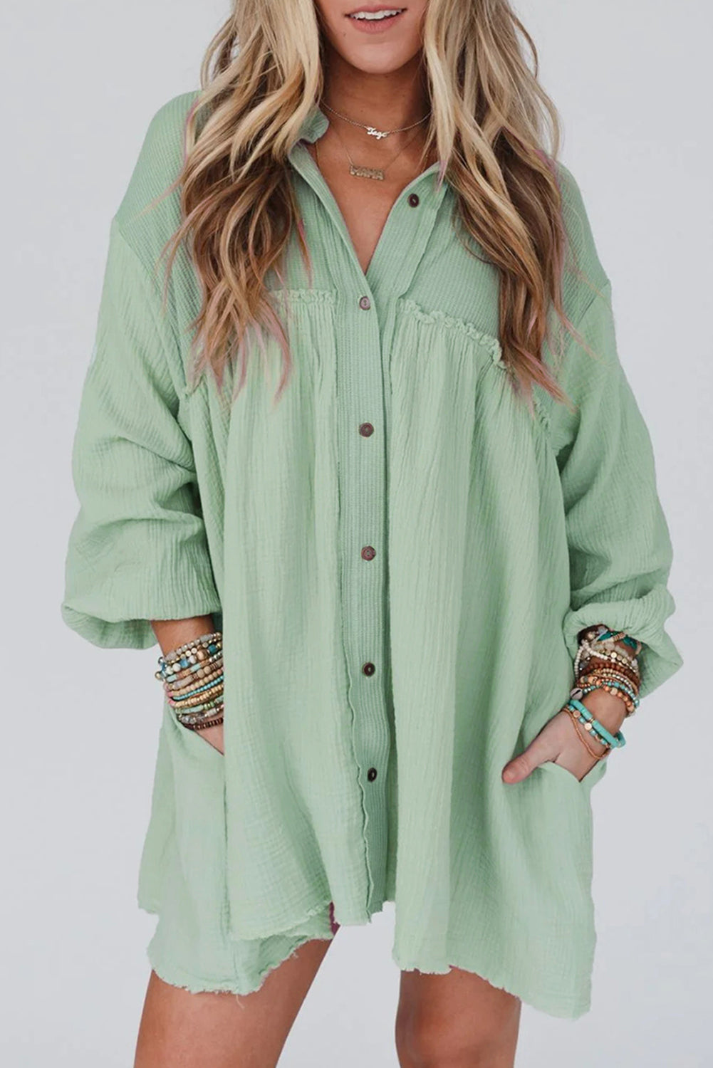 Patchwork Crinkle Puff Sleeve Shirt Dress