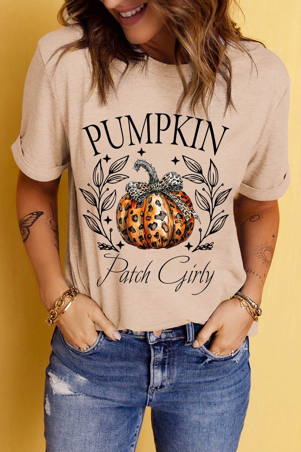 Pumpkin Patch Girly Leopard Bowknot Pumpkin Graphic T Shirt