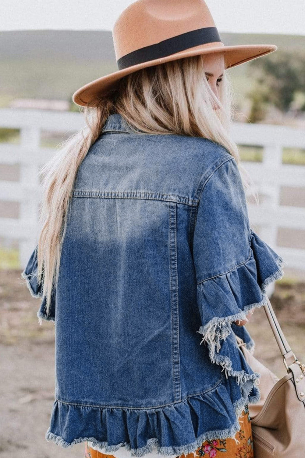 Raw Edge Ruffled Short Sleeve Denim Jacket