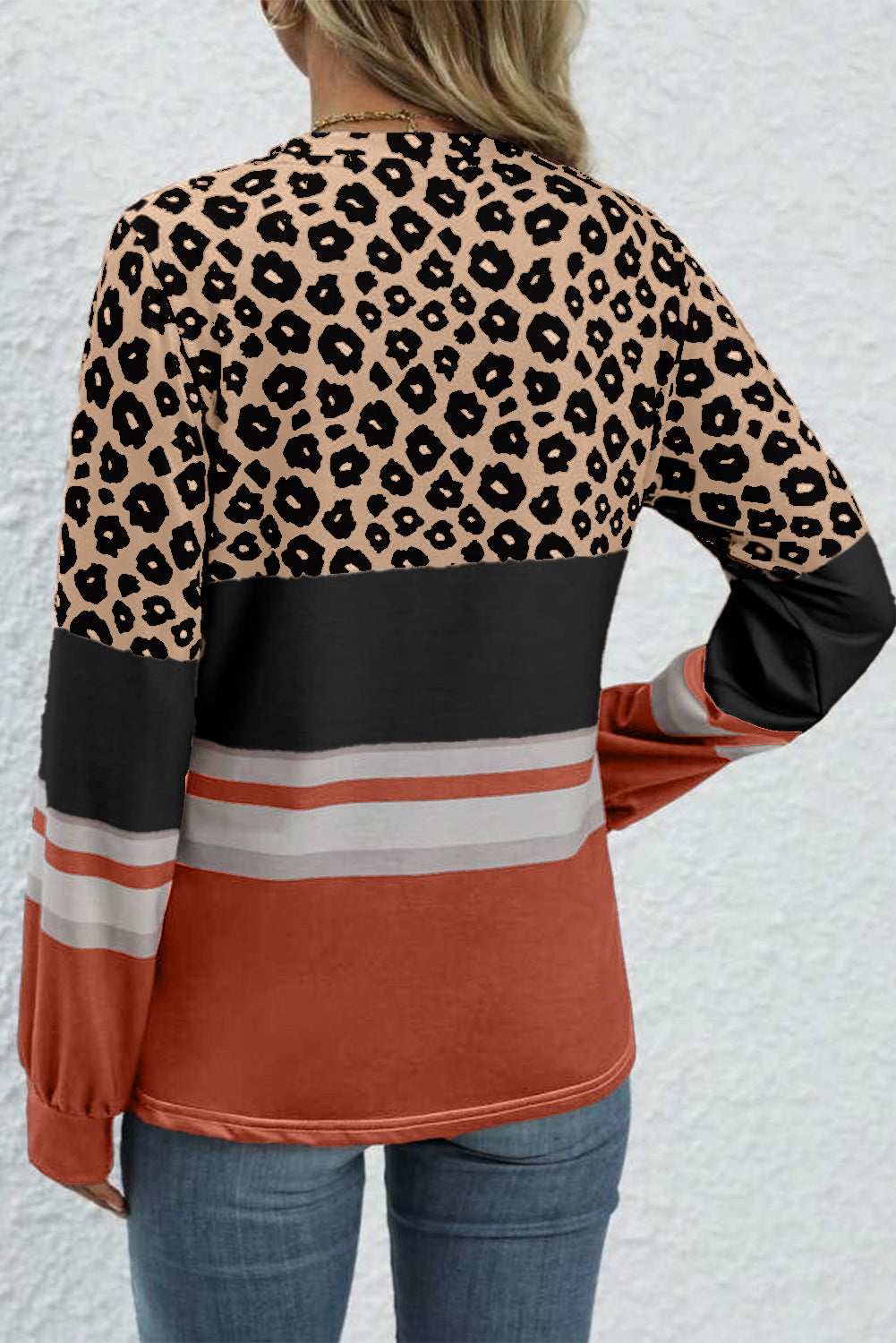 Leopard Color Block Crewneck Long Sleeve Top