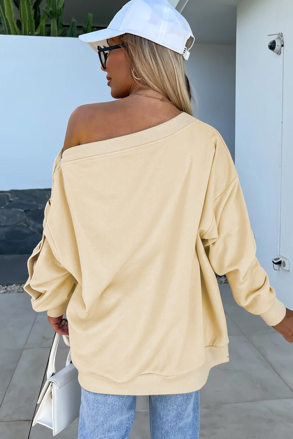 Beige Buttoned Sleeve Drop Shoulder Sweatshirt