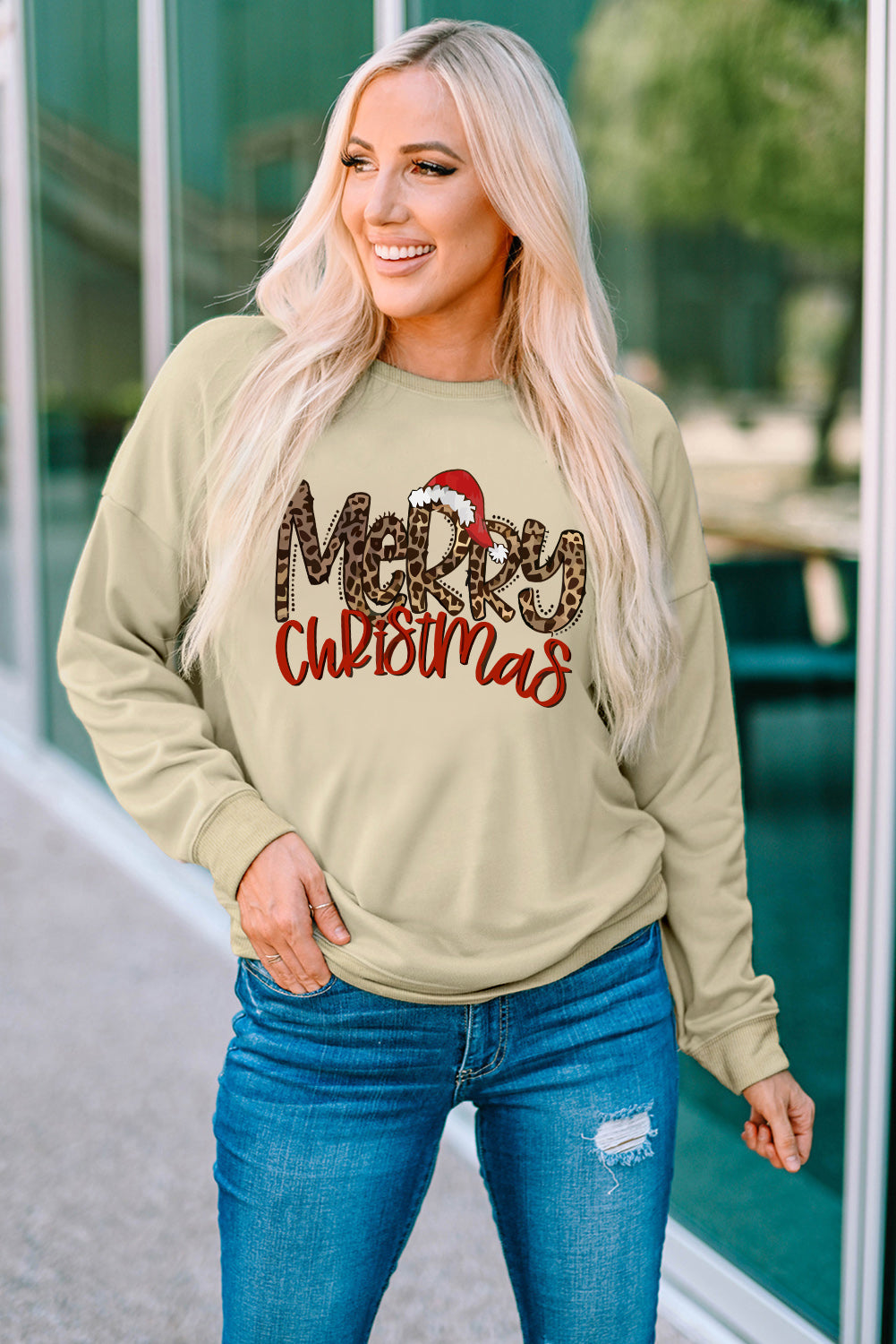 Merry Christmas Hat Leopard Print Graphic Sweatshirt