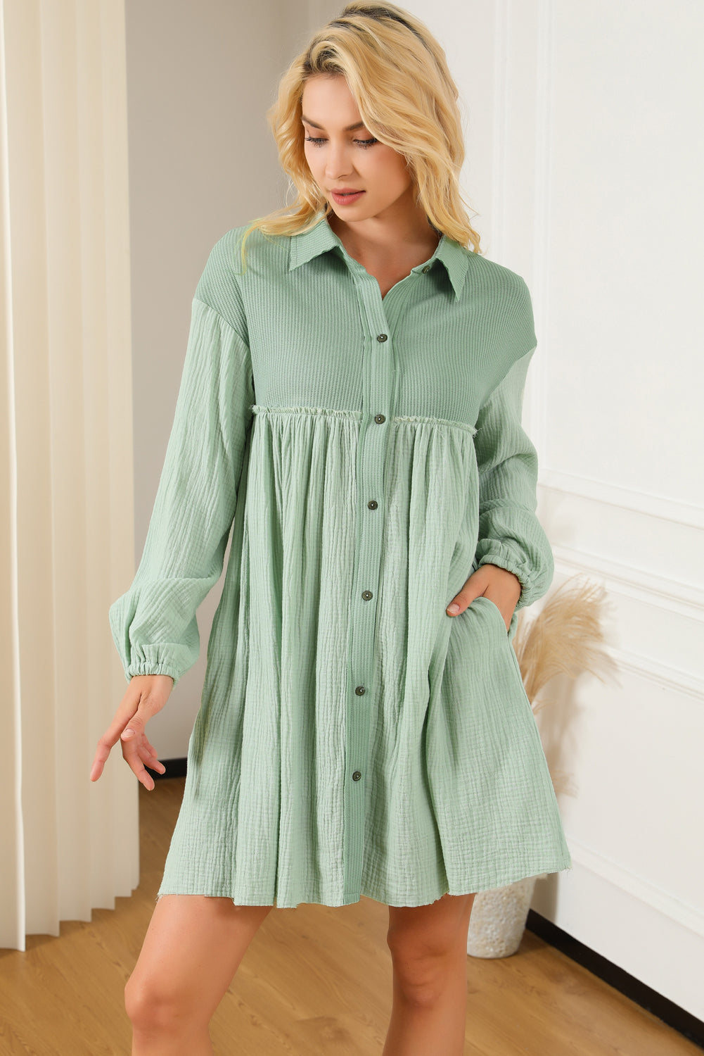 Patchwork Crinkle Puff Sleeve Shirt Dress