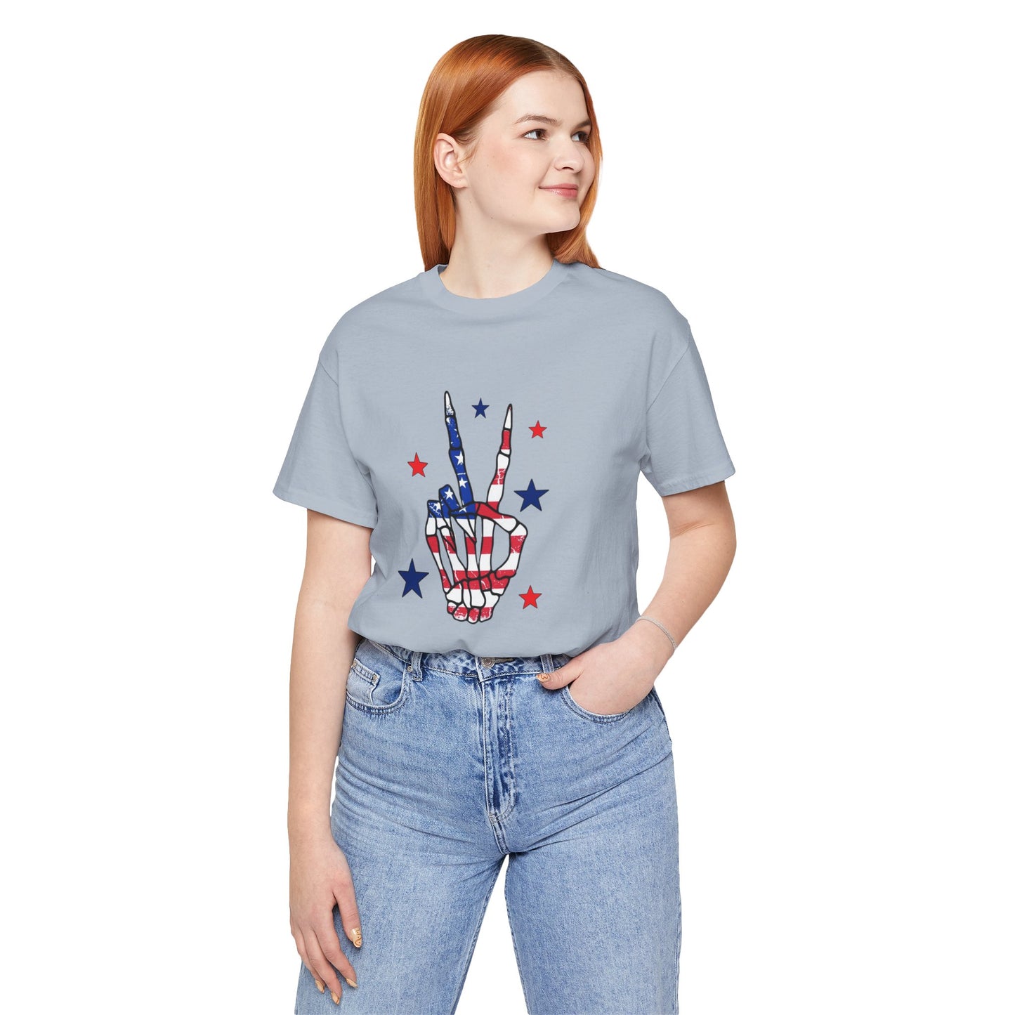 Patriotic Skeleton Peace Hand Unisex Jersey Short Sleeve Tee