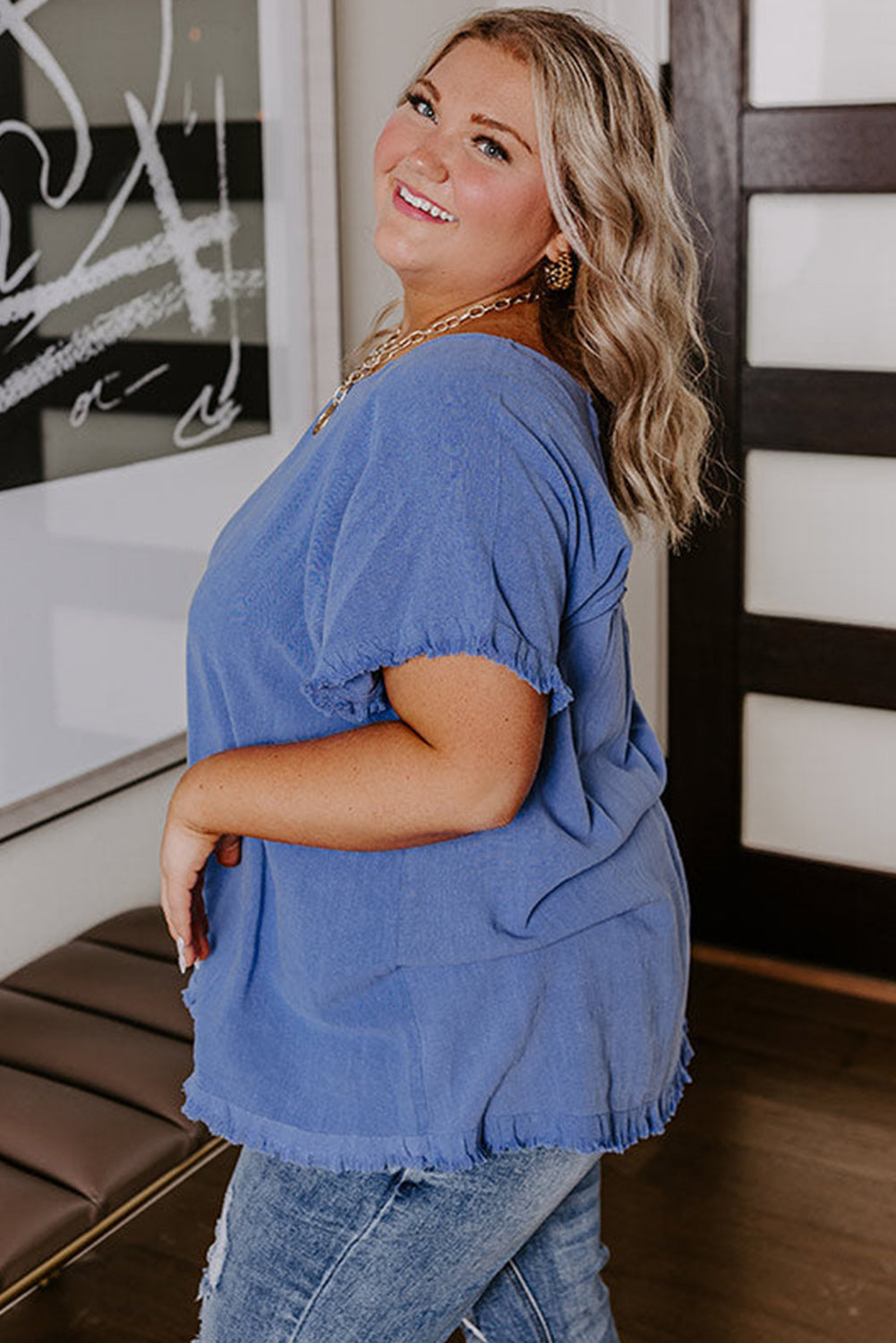 Plus Size Solid Color Short Sleeve Frayed Edge Top