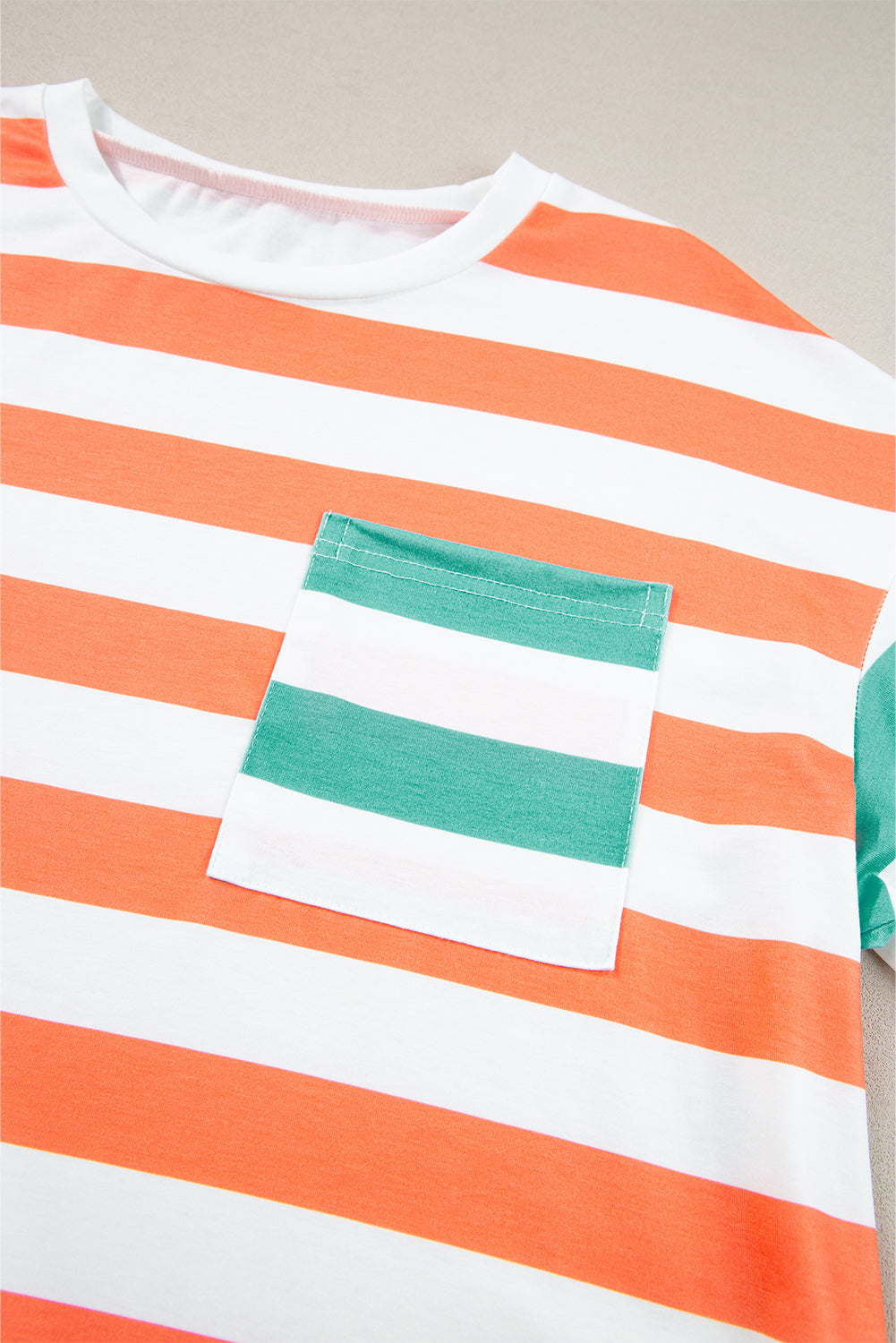 Orange Stripe Contrast Patch Pocket Drop Sleeve T Shirt